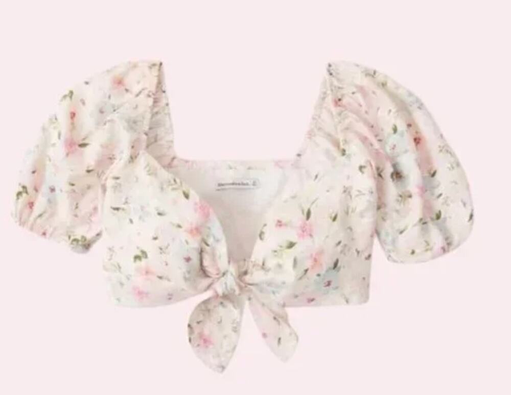 ABERCROMBIE & FITCH Women's MEDIUM Cropped Top Ditsy Floral Linen Puff Sleeve